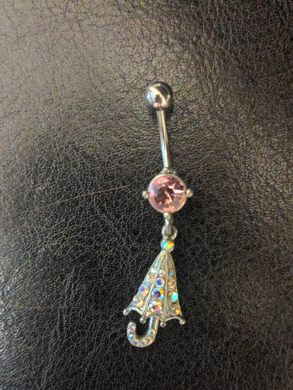 Silver Navel Dangle Belly Ring with Pink Gem & Crystal Umbrella Rainy Day Charm
